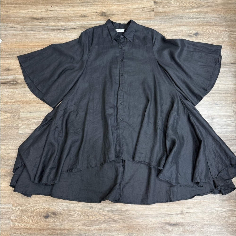 Lisa Rene Linen  Ruffle Sleeve Button Dress SHIRT  BLACK Size XL